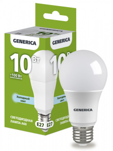 Лампа диодная A60 10Вт Е27 6500К 1000Лм LL-A60-10-230-65-E27-G Generica 