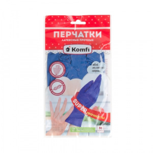 Перчатки латексные прочные, M, синие, 2 шт/уп., Komfi