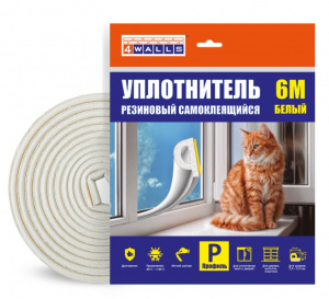 Уплотнитель резиновый P-профиль, 5,5*9 мм, 6 м, белый, 4Walls